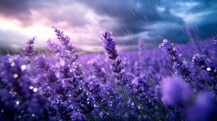 Fototapeta premium Lavender Flowers Blooming in a Field with Rain and Sunlight