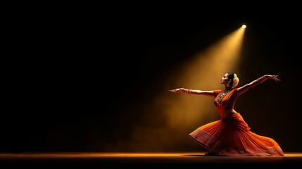 Traditional Bharatanatyam Performer Dancing on Stage in Indian Cultural Attire