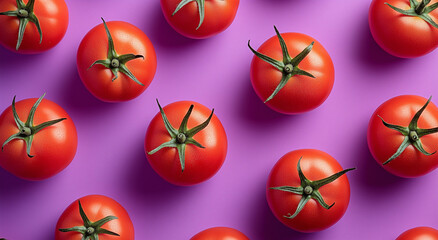 Red tomatoes on a lilac background top view, created with Generative AI technology