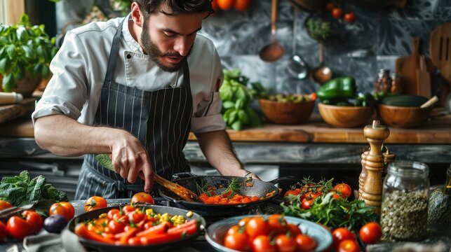 Home chefs preparing gourmet dishes with fresh ingredients, cooking at home, culinary arts