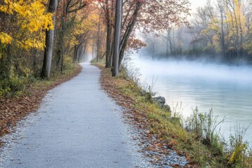 Fototapeta premium Serene Autumn Path Along Misty River in Vibrant Colors