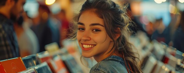 Obraz premium Music lovers attending a vinyl record fair, nostalgia, music