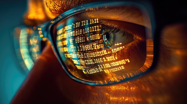 Close-up of an eye with glasses. The eye is looking at a screen with code reflected in the lenses.