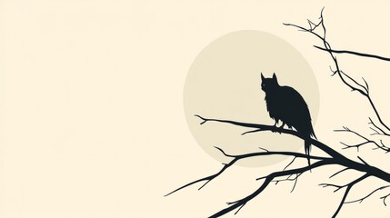 A cat silhouette in front of a pale moon, minimalist composition, simple and clean 