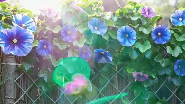 Colorful morning glories climbing a fence, Video