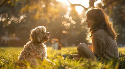 Pet owners playing with their pets in a sunny park, pet care, joy
