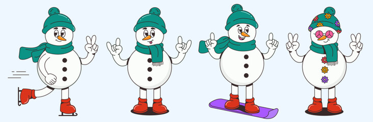 Merry Christmas and Happy New Year Retro Snowman Characters. Groovy Vintage Holiday Mascot in Hippie Style. Nostalgic Festive Season with Winter Sports. Trendy Vector Illustration for Holiday Designs