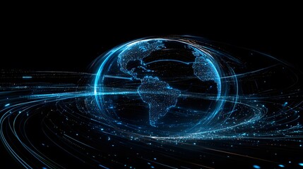 A Blue and White Globe Surrounded by Blue Lines and Glowing Spots on a Black Background