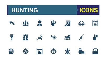 Set of solid hunting icons. Related to adventure, hunter, wildlife and more filled icon collection. Eitable flat symbol pack. Vector illustration.