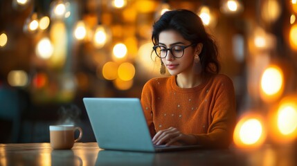 Focused Indian Entrepreneur Working on Laptop Amidst Warm Restaurant Lighting