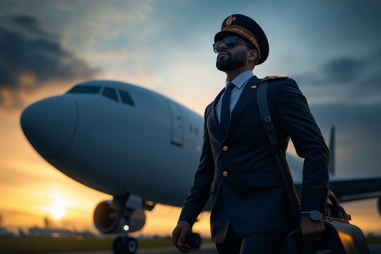 Indian pilot confidently standing by airplane at dusk in full professional uniform