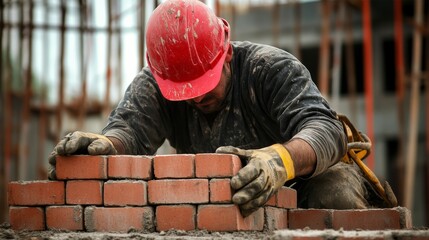 A construction laborer in a red hard hat and safety gloves, laying bricks with a construction site in the background, Masonry work scene