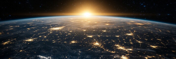 Obraz premium Sunrise over Earth from space. City lights illuminate the continents. 3D illustration.