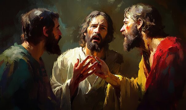 The Incredulity of Saint Thomas. Doubting Thomas. Jesus showing his crucifixion wounds. Digital painting, Generative AI