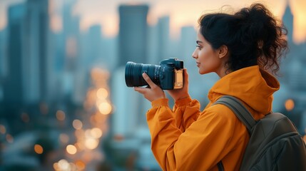 Indian woman photographing city skyline in yellow hoodie during sunset