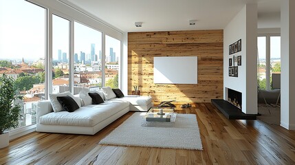 Obraz premium Modern living room with a wooden wall and large windows overlooking a city skyline.