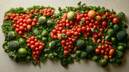 A World Map Made of Various Vegetables – A Food Concept Illustrating Global Sustainability, Healthy Eating, and Environmental Awareness. Perfect for Campaigns Promoting Organic Food, Plant-Based Diets