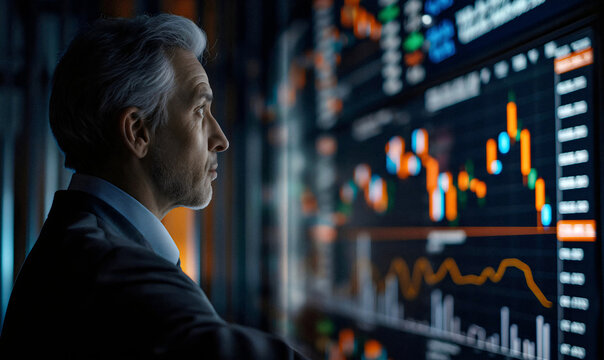 Senior market analyst studying data on computer displays.