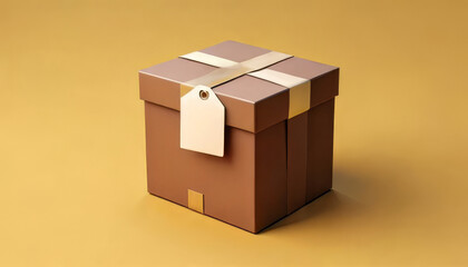 A simple, brown gift box with a tag sits against a yellow background, conveying warmth and the joy of giving.