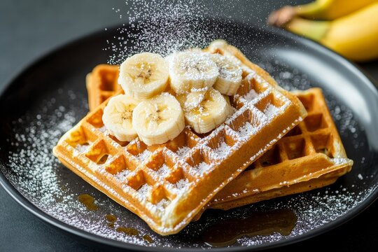 Delicious homemade waffles topped with fresh banana slices and powdered sugar for a delightful breakfast experience