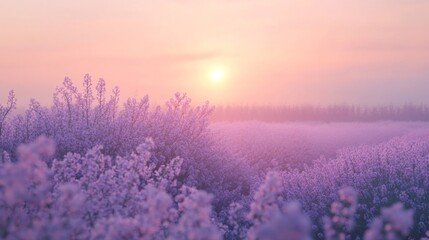 A Misty Field of Purple Flowers at Sunset