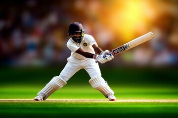 Focused Indian Cricketer in Action Playing a Shot on the Field During Match