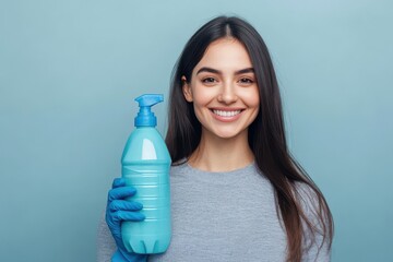 Smiling woman holding a cleaning spray bottle with gloves on blue background
