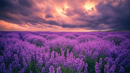 Obraz premium Lavender Field at Sunset with Dramatic Clouds