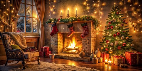 Fototapeta premium Cozy Burning Fireplace Background for Christmas and New Year Greetings