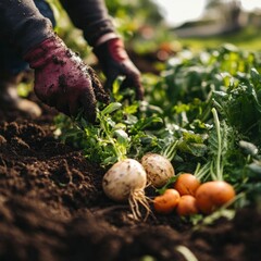 Harvesting fresh vegetables a close-up of hands working in the soil and nature's bounty