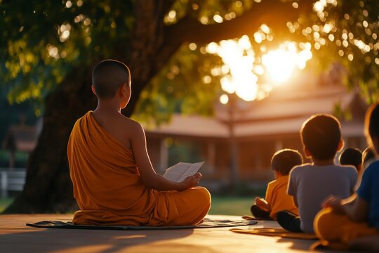 Young Monk Meditating with Group During Sunset in Peaceful Outdoor Temple Setting