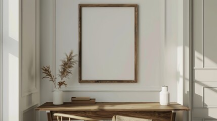 A clean, minimalist desk in a home office with white walls and wood finishes. A blank picture frame is prominently displayed