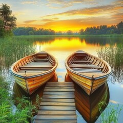 Obraz premium Two Wooden Boats on a Tranquil Lake at Sunrise. Scenic Landscape for Relaxation and Nature Concept