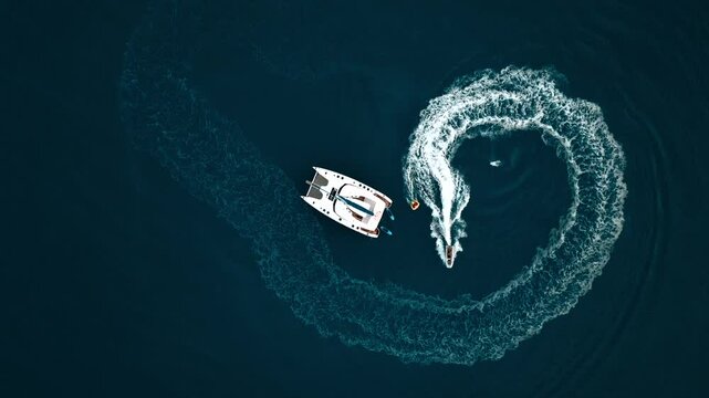 Aerial view of beautiful speedboats and yachts on the blue ocean, Whitsundays, Australia.
