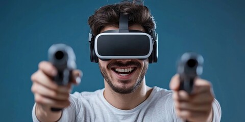 Cheerful young man shooting in a virtual reality game, Generative AI