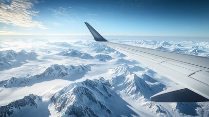 Fly over a winter wonderland in the Arctic, with snow-covered mountains reaching towards the sky. From above, see the frozen landscape of Antarctica on a clear day