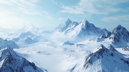 Obraz premium Fly over a winter wonderland in the Arctic, with snow-covered mountains reaching towards the sky. From above, see the frozen landscape of Antarctica on a clear day