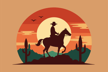 landscape silhouette of cowboy riding at horse template simple concept vintage vector design