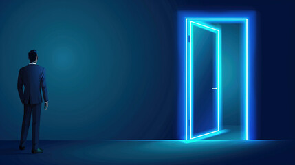 Man in business suit standing, gazing at glowing door of opportunity. Facing new possibilities and entering future of potential. Conceptual design. Concept of business, progress