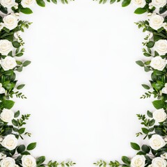Naklejka premium Beautiful white rose frame with lush greenery on a white background, perfect for invitations or romantic themes.