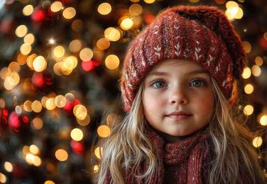 Young girl with green eyes and blonde hair donning a woolly hat and scarf posing in front of festive christmas tree lights
