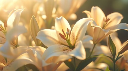 Fototapeta premium Close-up of White Lilies Bathed in Warm Sunlight