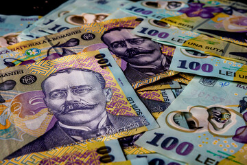 Fototapeta premium LEI money banknotes, detail photo of RON