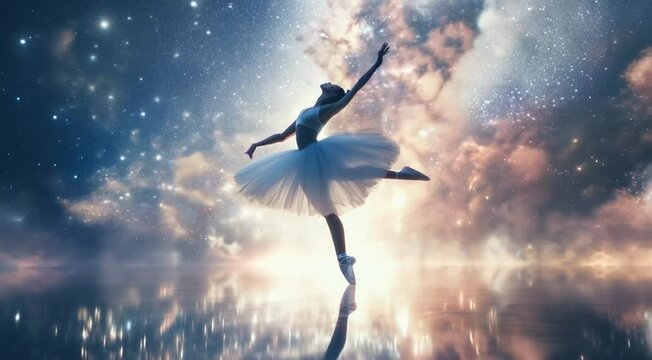Silhouette of a beautiful ballerina dancing sensually on the Milky Way. 