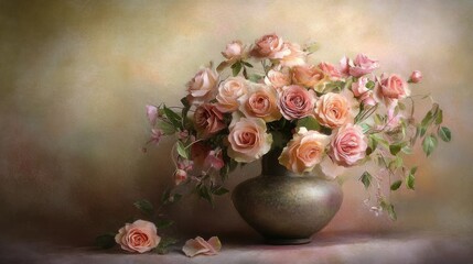 Fototapeta premium A Delicate Bouquet of Pink Roses in a Rustic Vase