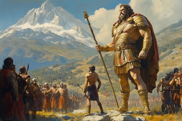 David and Goliath. Biblical scene, Generative AI