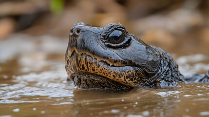 Fototapeta premium A curious alligator snapping turtle peeking out of the water
