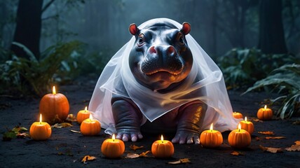 Naklejka premium Cute Hippo Halloween theme