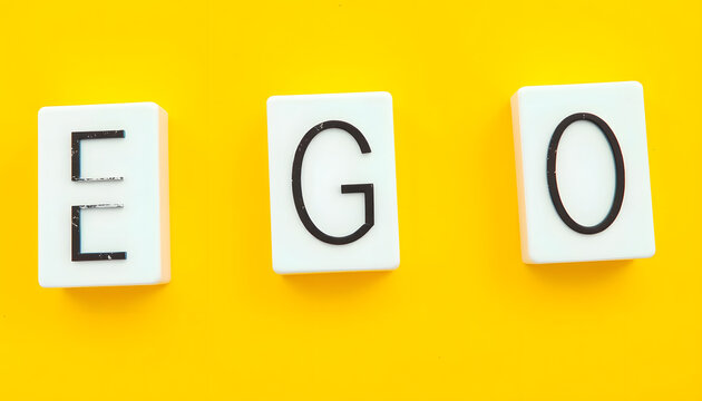 White letter blocks on yellow background with the word ego. Selfishness or inflated ego in psychology concept isolated with white highlights, png