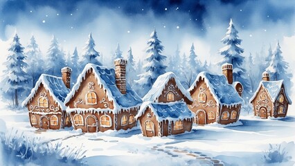 Whimsical Gingerbread Village in Winter Scene Watercolor Style